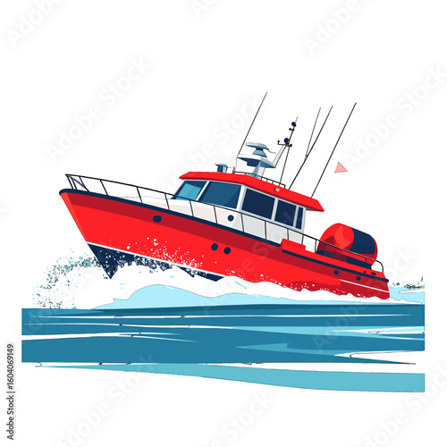 A vibrant red fishing boat speeding through blue ocean waves, a dynamic vector illustration of a motorboat at sea.