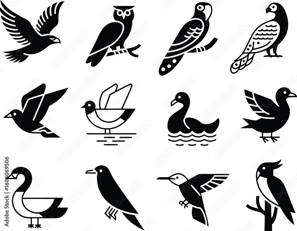 Fototapeta premium Collection of twelve stylized black and white bird illustrations in silhouette