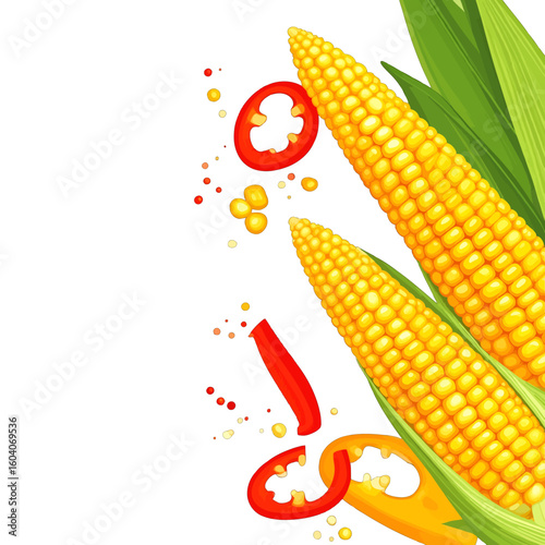 Vibrant illustration of fresh corn on the cob with sliced red and yellow chili peppers.