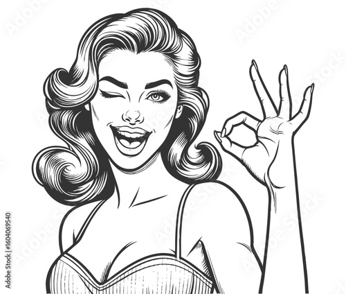 smiling woman winking and making an OK sign sketch engraving generative ai fictional character vector illustration. Scratch board imitation. Black and white image.