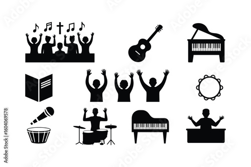 Choir singing with music notes and cross guitar drums piano microphone tambourine and book
