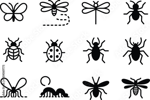 Collection of stylized insect icons in black and white