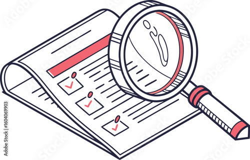 Isometric view of a checklist document with checkmarks and a magnifying glass for inspection process