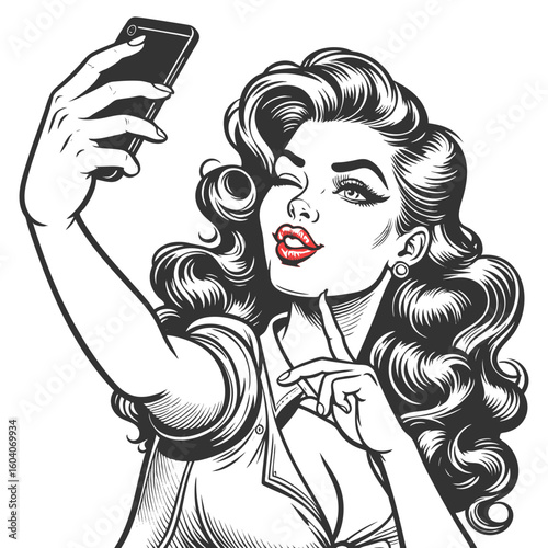 playful woman taking a selfie with a smartphone, winking and smiling confidently sketch engraving generative ai fictional character vector illustration. Scratch board imitation. Black and white image.