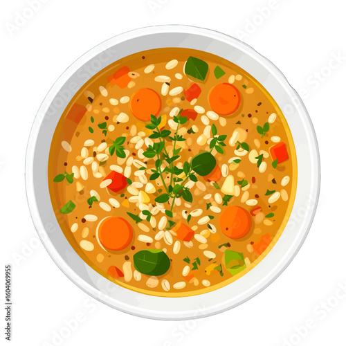 Hearty Vegetable Rice Soup In White Bowl