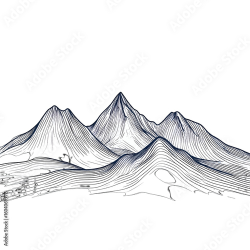 Stylized mountain range illustration with flowing, hand-drawn topographic lines
