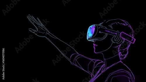 Woman Experiencing Virtual Reality with Glowing Neon VR Headset