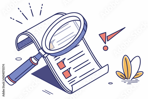 Magnifying glass over checklist with boxes and lines next to exclamation point and plant icon