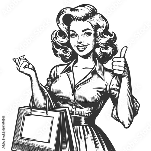 cheerful woman with long hair holding shopping bags and giving a thumbs up sketch engraving generative ai fictional character vector illustration. Scratch board imitation. Black and white image.