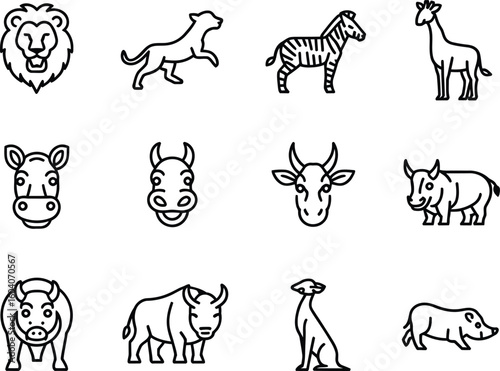 Collection of hand drawn african safari animals in outline style