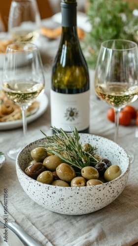 Still life with bottle of white wine, two glasses, and bowl of olives on marble, creating an elegant Mediterranean dining or tasting invitation.