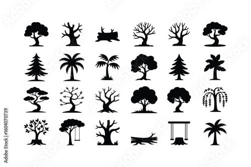 Collection of diverse tree silhouettes including deciduous, coniferous, palm, and bare branches with stumps and swings