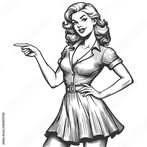 confident woman with voluminous hair pointing sideways, ideal for directing attention in designs sketch engraving generative ai fictional character vector illustration. Scratch board. Black and white.
