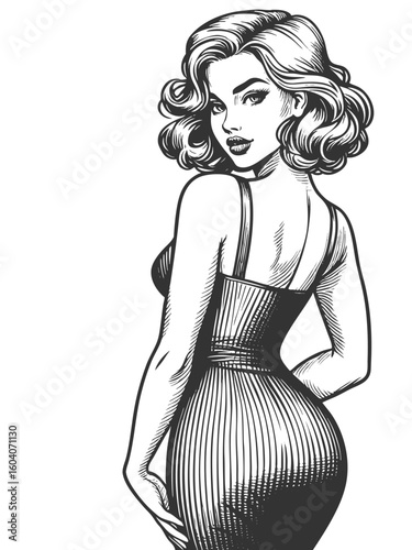 confident woman in a fitted dress, looking over her shoulder with a glamorous expression sketch engraving generative ai fictional character vector illustration. Scratch board. Black and white image.
