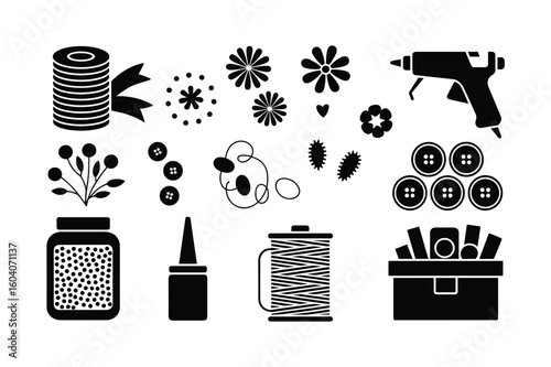 Crafting supplies including hot glue gun thread buttons and flowers Silhouette craft supplies