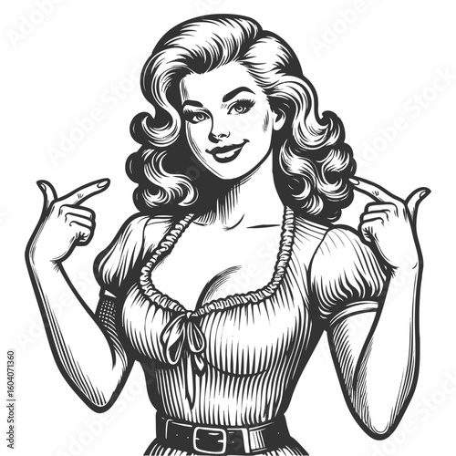 confident woman smiling and pointing at herself, expressing pride and self-assurance sketch engraving generative ai fictional character vector illustration. Scratch board. Black and white image.