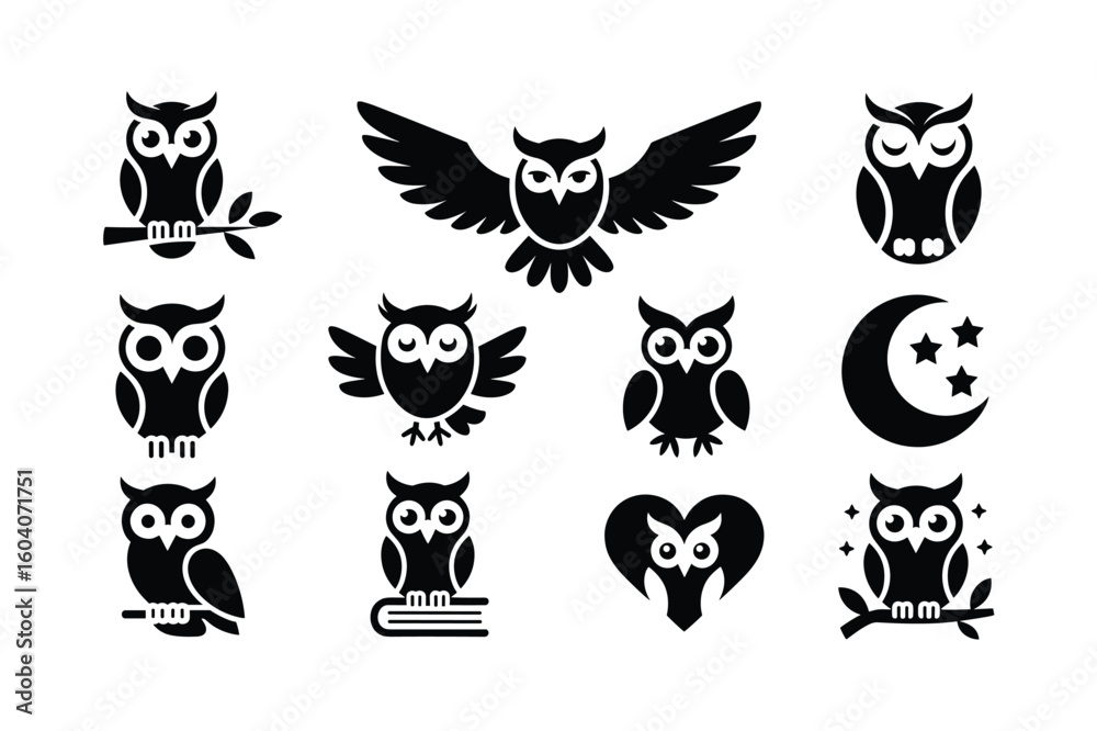 Obraz premium Diverse owl silhouettes in various poses and settings night moon