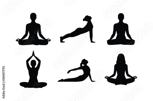 Diverse yoga poses and meditation silhouettes stretching