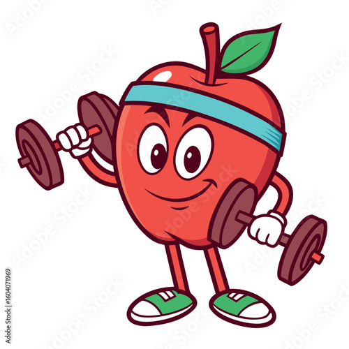 Smiling red apple cartoon character lifts dumbbells wearing shoes and a headband with transparent background