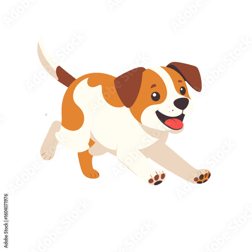 Cheerful brown and white spotted dog running happily, a playful cartoon puppy illustration with floppy ears and wagging tail.