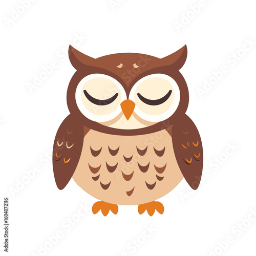 Cute brown cartoon owl with closed eyes, sleeping peacefully. Adorable flat vector illustration of a nocturnal bird.