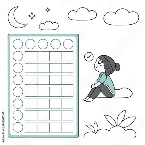 Illustration of a girl on a cloud next to a chart with moon stars and additional clouds above her