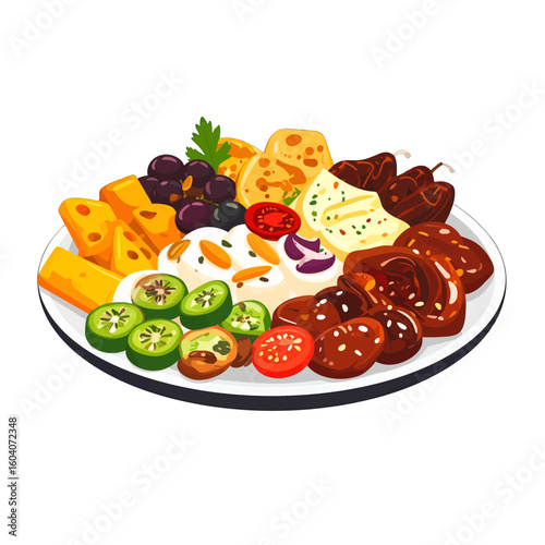 Illustrated appetizer platter with assorted cheeses, dates, grapes, olives, and sliced jalape?os.