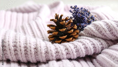 Soft, light purple knit sweater with pine cone and lavender
