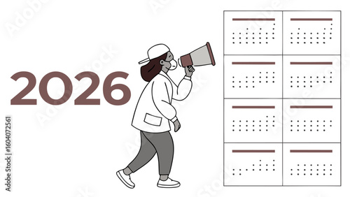 A person in a lab coat and mask with a megaphone announces the year 2026 next to a grid of calendars