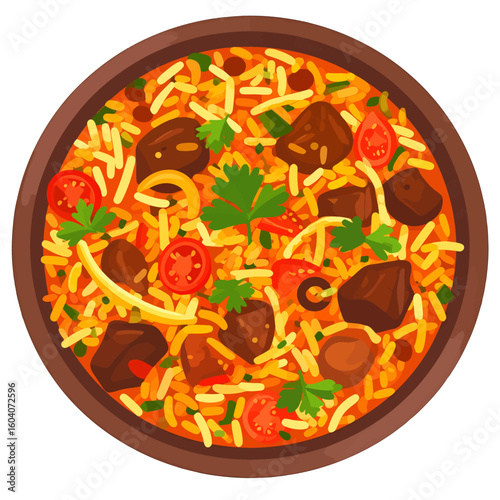 A vibrant illustration of a traditional rice pilaf dish served in a rustic clay bowl, topped with meat, tomatoes, and fresh parsley.