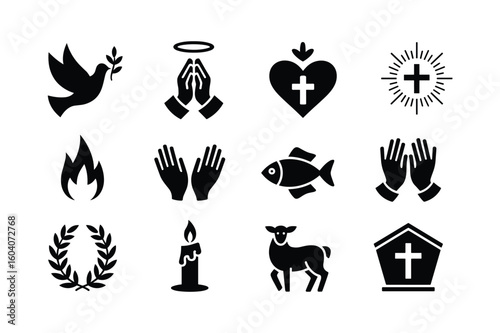 Dove holding branch praying hands with halo heart with cross flame open hands fish laurel wreath candle lamb and