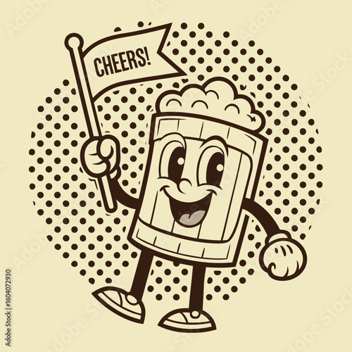 Beer glass cartoon waves cheers flag with spotted background, vintage styled happy beer mascot