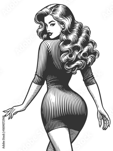 confident woman in a fitted dress, looking over her shoulder with a glamorous expression sketch engraving generative ai fictional character vector illustration. Scratch board. Black and white image.