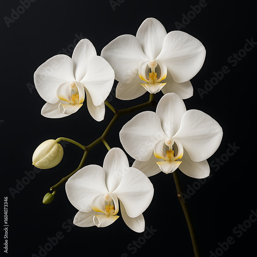 Elegant White Orchid Blossom Display Against a Deep Black Backdrop, Showcasing Delicate Beauty and Floral Artistry
