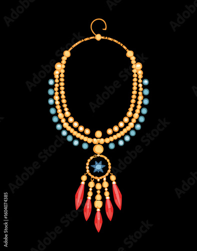 Golden Necklace Blue Gem Fringe Design