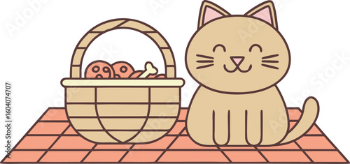 Cat lounging next to basket of pet snacks owner feeding from picnic spread flat minimal design.
