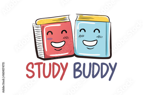 Two smiling books labeled study buddy