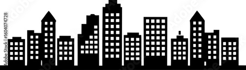 Urban cityscape silhouette with skyscrapers and lit windows in minimalist style