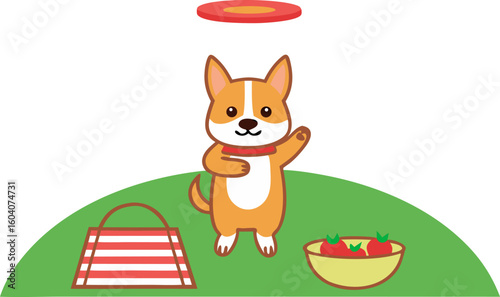 Dog catching a frisbee while owner holds a sandwich picnic mat and bowl of fruits on grass with white background.