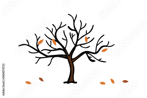 Bare autumn tree with falling leaves on white background