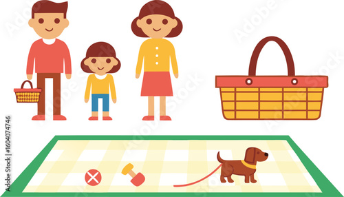 Flat style vector family with dog running around picnic area leash toys and picnic basket visible.