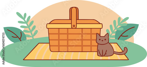 Owner and cat inspecting picnic basket on a blanket plants and cushions around cozy feel.