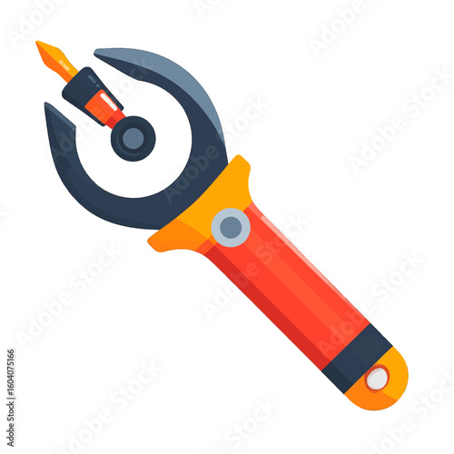 Futuristic multi-tool icon with a red handle, grey wrench head, and a glowing orange pen nib.