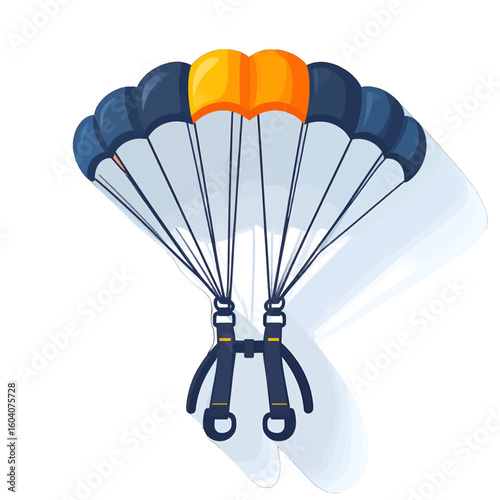 Deployed skydiving parachute with a blue, white, and orange canopy and attached harness.