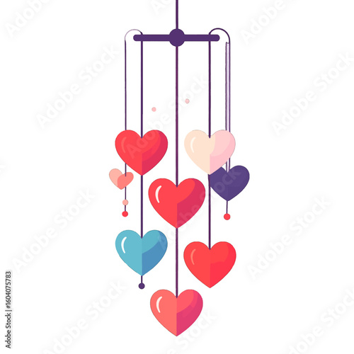 Whimsical hanging mobile with colorful heart-shaped ornaments in red, pink, blue, and purple, suspended from a dark purple frame.