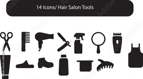Hair Salon Tools Silhouette Icon Pack – 14 Minimalist Styling Instruments Including Scissors, Hairdryer, Mirror, Spray Bottle, and Claw Clip Vector Set