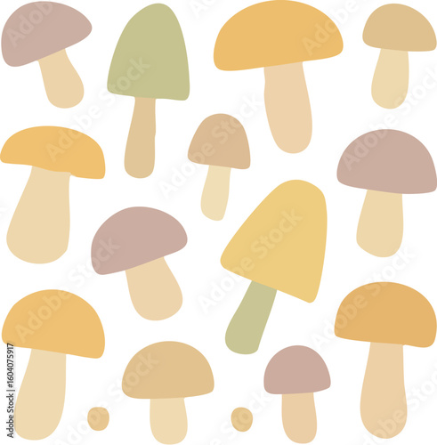 Cute seamless pattern with stylized forest mushrooms in pastel colors.