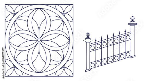 Elegant geometric floral pattern design and a decorative wrought iron fence segment with finials and circular accents