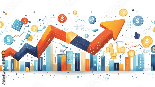 Upward Trending Market Growth Illustrated with Cityscape and Cur