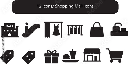 Shopping Mall Silhouette Icon Pack – 12 Retail and Lifestyle Symbols Including Escalator, Cash Register, Gift Box, Dress, and Fast Food Vector